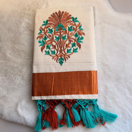 Heritage Vine Embroidered Kerala Saree