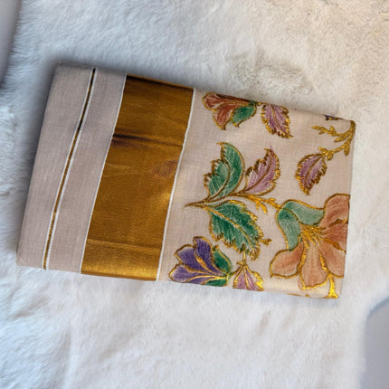 Pastel Floral Kerala Kasavu Saree