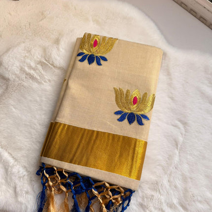Royal Lotus Kerala Kasavu Saree – Sapphire Bloom Edition
