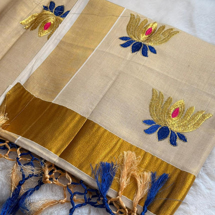 Royal Lotus Kerala Kasavu Saree – Sapphire Bloom Edition