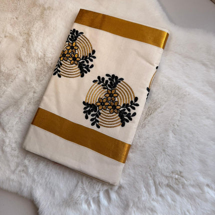 Midnight Bloom Kerala Kasavu Saree