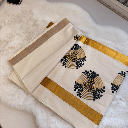 Midnight Bloom Kerala Kasavu Saree
