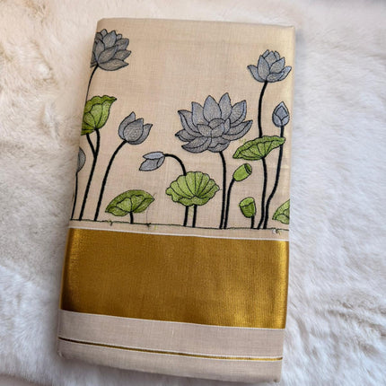 Silver Lotus Garden Kerala Kasavu Saree