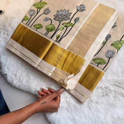Silver Lotus Garden Kerala Kasavu Saree