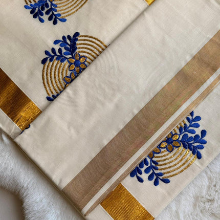 Azure Bloom Kerala Kasavu Saree