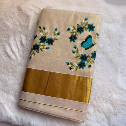 Butterfly Bloom Kerala Kasavu Saree