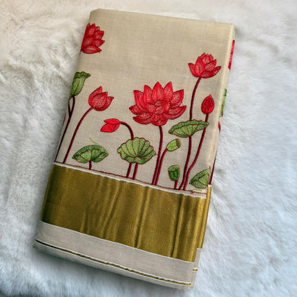 Crimson Lotus Kerala Kasavu Saree