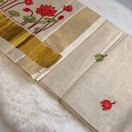 Crimson Lotus Kerala Kasavu Saree