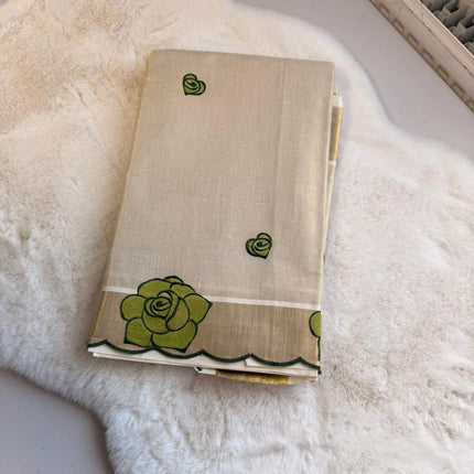 Olive Bloom Kerala Kasavu Saree