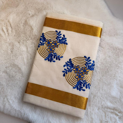 Azure Bloom Kerala Kasavu Saree