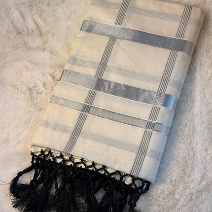 Silver Stripe Kerala Kasavu Saree with Black Tassels