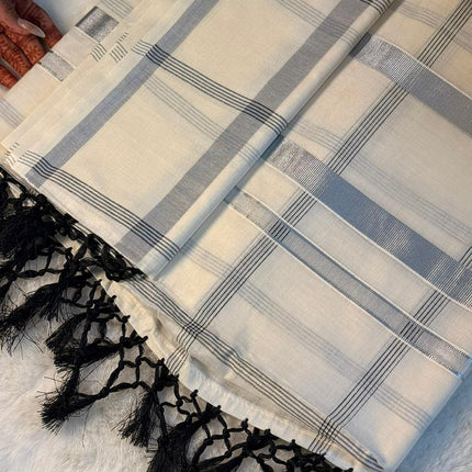 Silver Stripe Kerala Kasavu Saree with Black Tassels