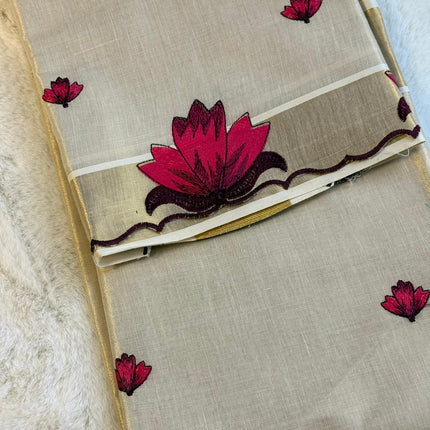Pink Lotus Bloom Kerala Kasavu Saree