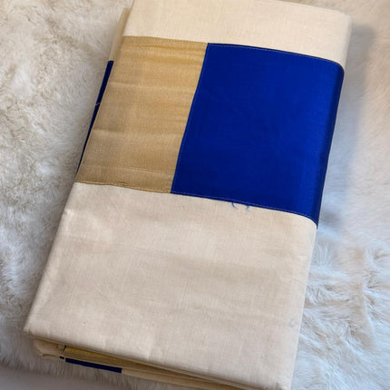 Royal Blue Border Kerala Kasavu Saree with Matching Blouse
