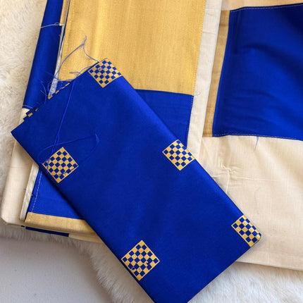 Royal Blue Border Kerala Kasavu Saree with Matching Blouse