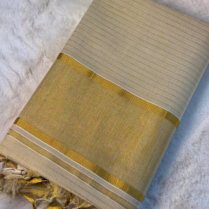 Golden Stripe Kerala Kasavu Saree with Tassel Detailing