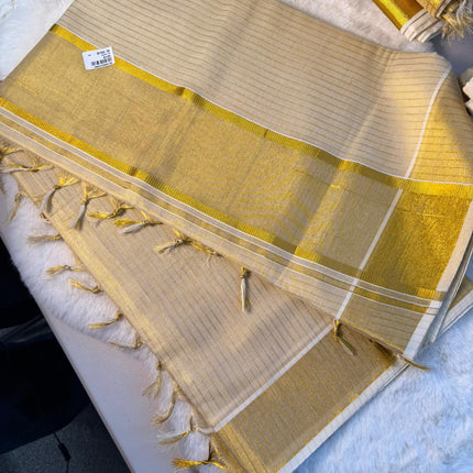 Golden Stripe Kerala Kasavu Saree with Tassel Detailing