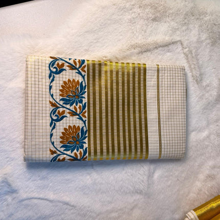 Traditional Kerala Kasavu Saree with Floral Border Design