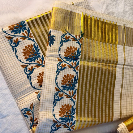 Traditional Kerala Kasavu Saree with Floral Border Design