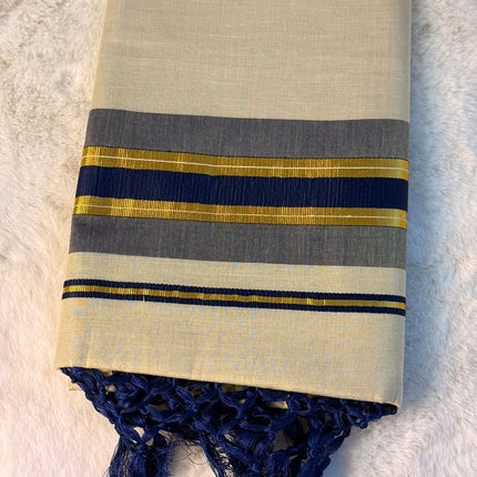 Traditional Kerala Kasavu Saree with Navy & Grey Temple Border