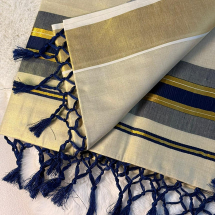 Traditional Kerala Kasavu Saree with Navy & Grey Temple Border