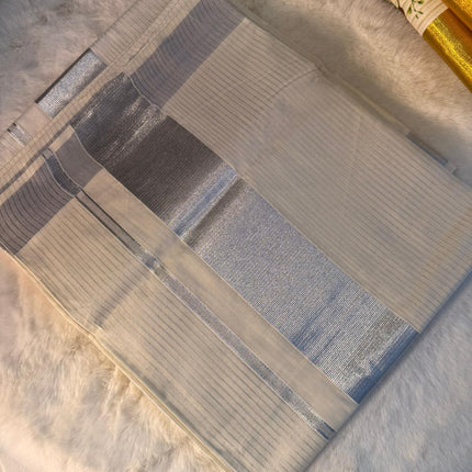 Elegant Silver Kasavu Saree with Minimal Metallic Border