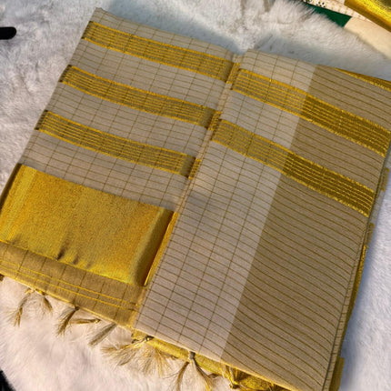Classic Golden Checked Kerala Kasavu Saree