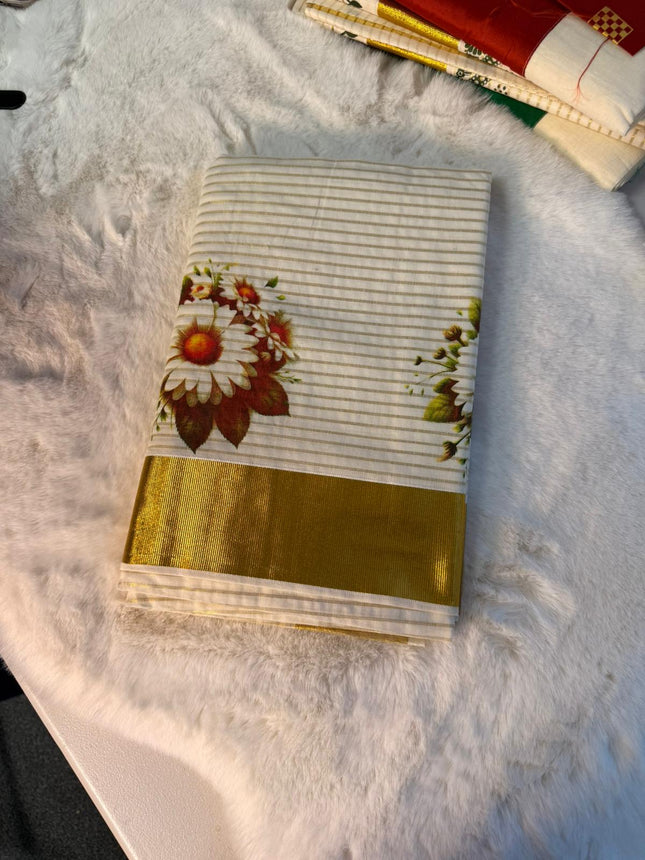 Elegant Daisy Print Kerala Kasavu Saree