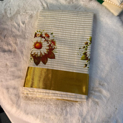 Elegant Lotus Print Kerala Kasavu Saree with Golden Border