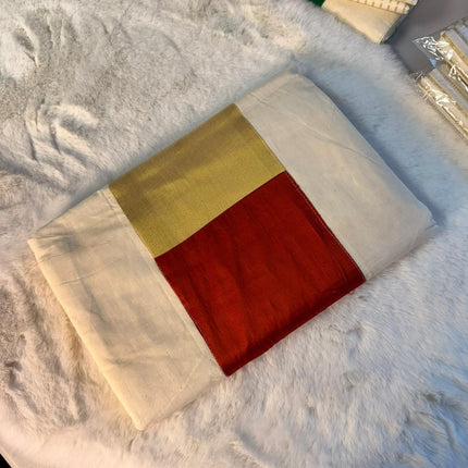Traditional Kerala Kasavu Saree with Red & Gold Border