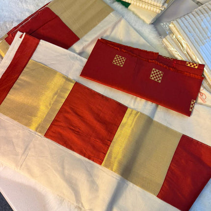 Traditional Kerala Kasavu Saree with Red & Gold Border