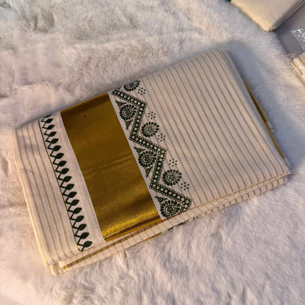 Elegant Kerala Kasavu Saree with Green Ethnic Border