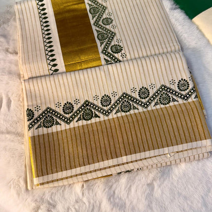 Elegant Kerala Kasavu Saree with Green Ethnic Border