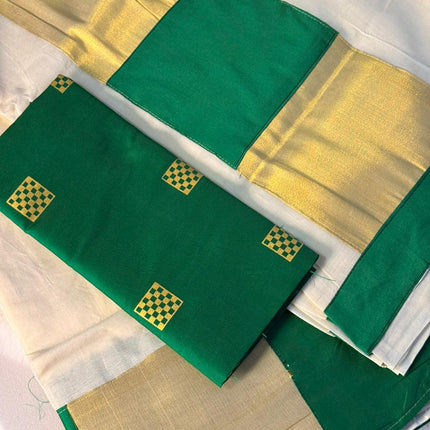 Classic Kerala Kasavu Saree with Emerald Green Blouse