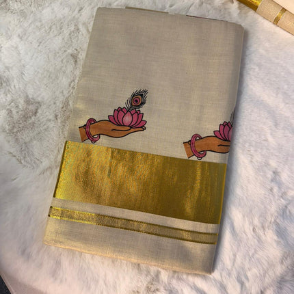 Traditional Kerala Kasavu Saree with Lotus Motif Border