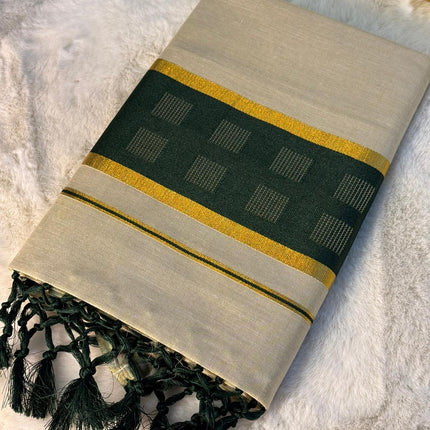 Elegant Olive Green Checked Kerala Kasavu Saree with Tassels