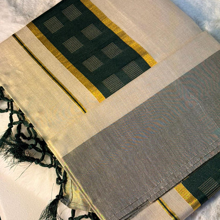 Elegant Olive Green Checked Kerala Kasavu Saree with Tassels