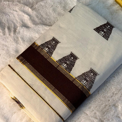 Temple Heritage Kerala Kasavu Saree with Traditional Gopuram Print