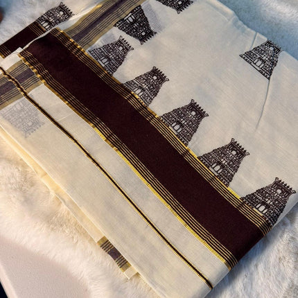 Temple Heritage Kerala Kasavu Saree with Traditional Gopuram Print