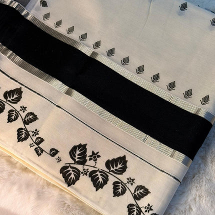 Elegant Monochrome Kerala Kasavu Saree with Black Floral Border