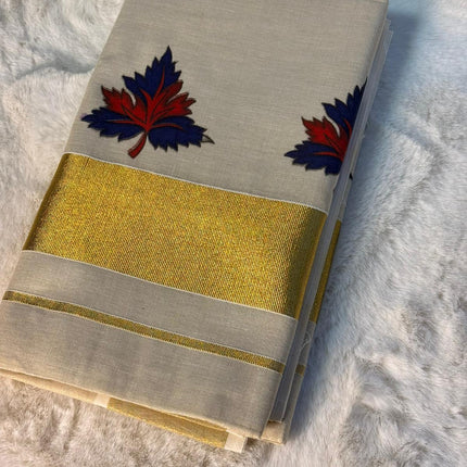 Maple Leaf Inspired Kerala Kasavu Saree with Dual-Tone Print