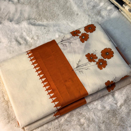 Rust Floral Printed Kerala Kasavu Saree with Contemporary Border