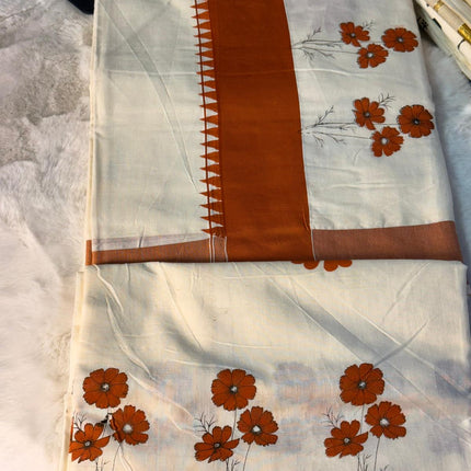 Rust Floral Printed Kerala Kasavu Saree with Contemporary Border