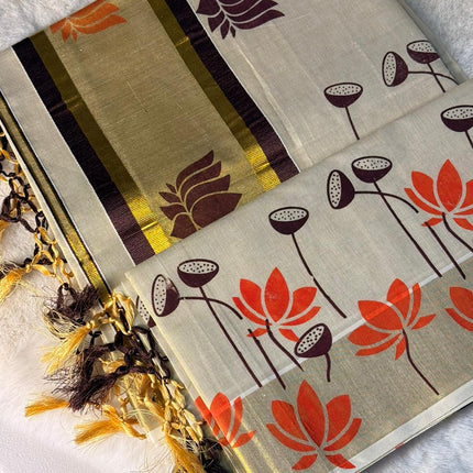 Elegant Lotus Motif Kerala Kasavu Saree with Tassel Detailing