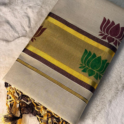 Dual Lotus Print Kerala Kasavu Saree with Elegant Tassels