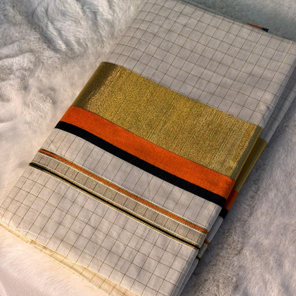 Minimal Grid Pattern Kerala Kasavu Saree with Orange & Black Border