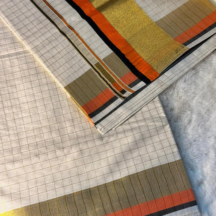 Minimal Grid Pattern Kerala Kasavu Saree with Orange & Black Border