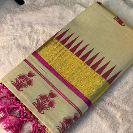 Elegant Magenta Temple Border Kerala Kasavu Saree with Tassels
