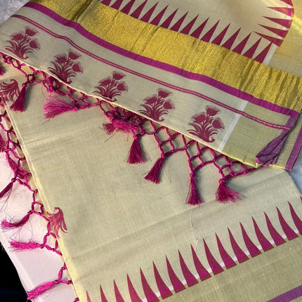 Elegant Magenta Temple Border Kerala Kasavu Saree with Tassels