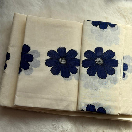 Elegant Kerala Floral Set Mundu with Matching Blouse Piece – Royal Blue Design